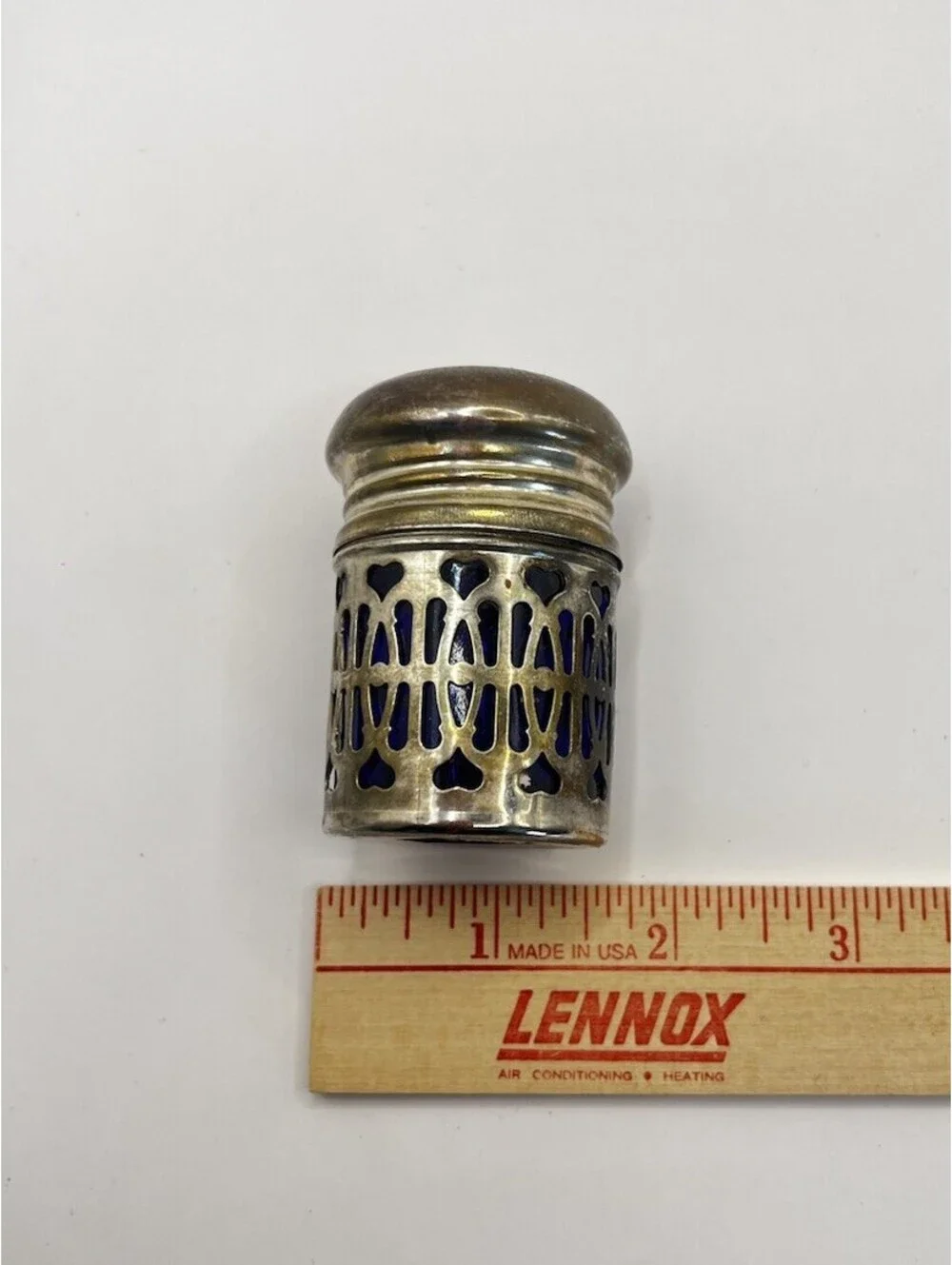 Vintage Cobalt Blue Glass Salt Shaker Pierced Silver Heart Filigree Cutout 2.25